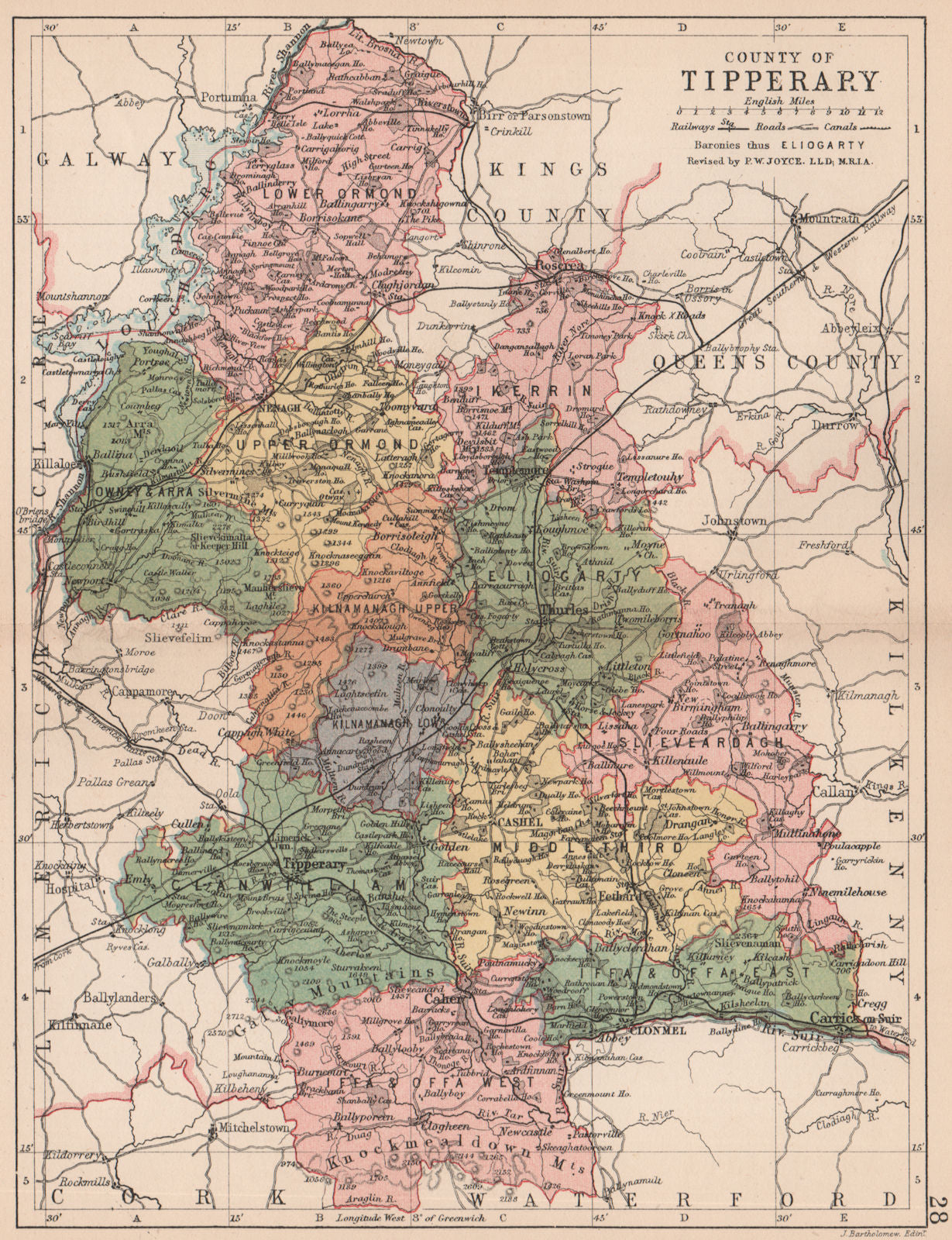 COUNTY TIPPERARY. Antique county map. Munster. Ireland. BARTHOLOMEW 1882